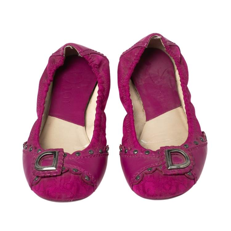 Pre Owned Dior Magenta Studded Leather And Canvas Logo Scrunch Ballet Flats Size 36.5