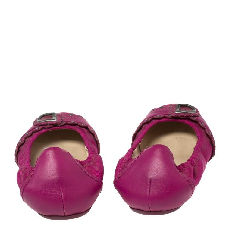 Pre Owned Dior Magenta Studded Leather And Canvas Logo Scrunch Ballet Flats Size 36.5