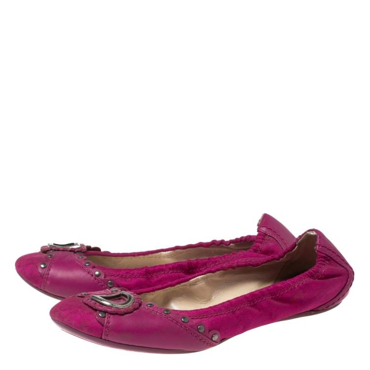 Pre Owned Dior Magenta Studded Leather And Canvas Logo Scrunch Ballet Flats Size 36.5