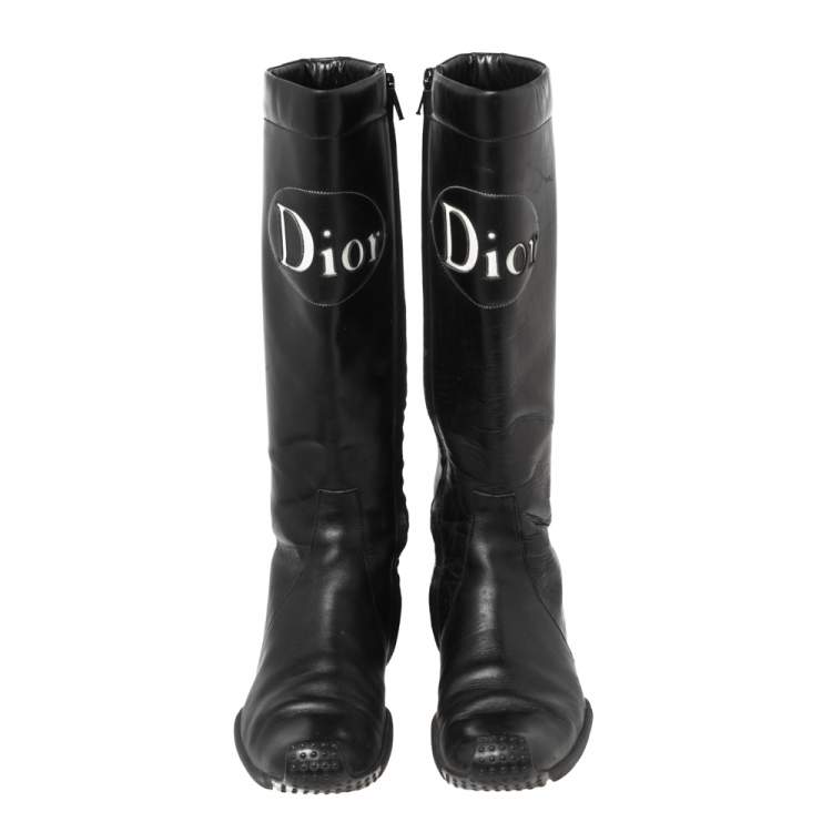 Pre Owned Dior Black Leather Logo Detail Mid-Calf Boots Size 37