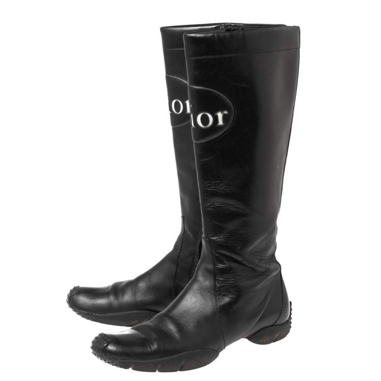 Pre Owned Dior Black Leather Logo Detail Mid-Calf Boots Size 37