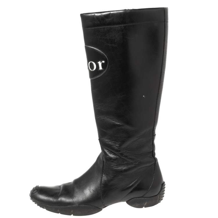 Pre Owned Dior Black Leather Logo Detail Mid-Calf Boots Size 37