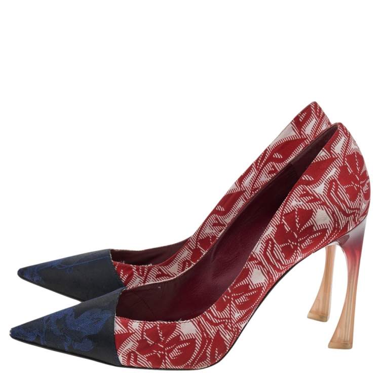 Pre Owned Dior Blue/Red Floral Brocade Fabric Pumps Size 38