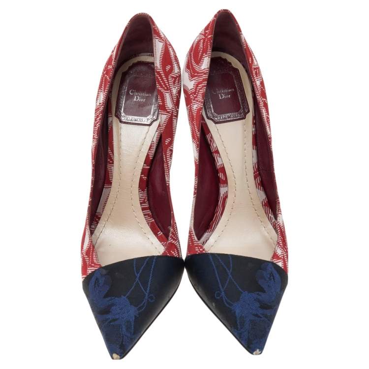 Pre Owned Dior Blue/Red Floral Brocade Fabric Pumps Size 38