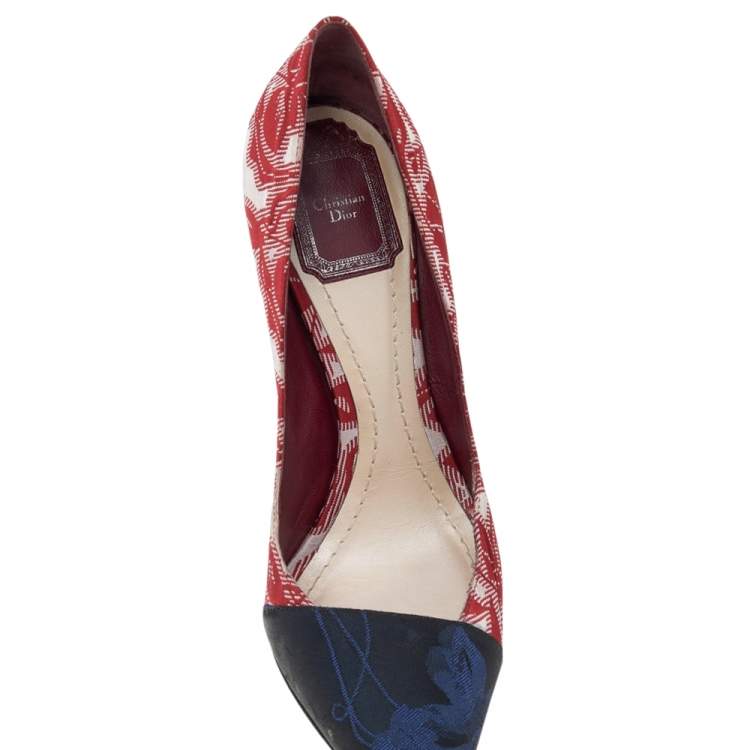 Pre Owned Dior Blue/Red Floral Brocade Fabric Pumps Size 38