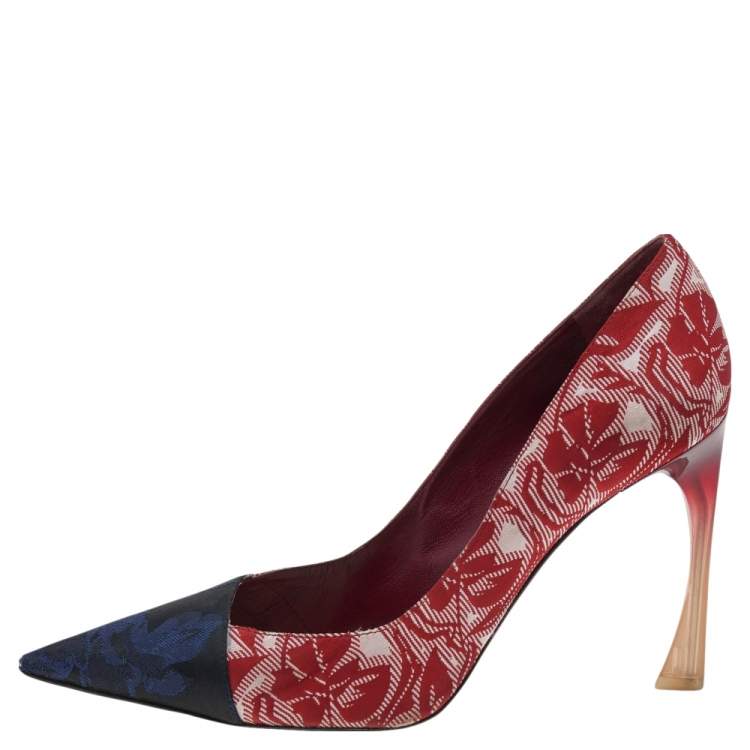Pre Owned Dior Blue/Red Floral Brocade Fabric Pumps Size 38