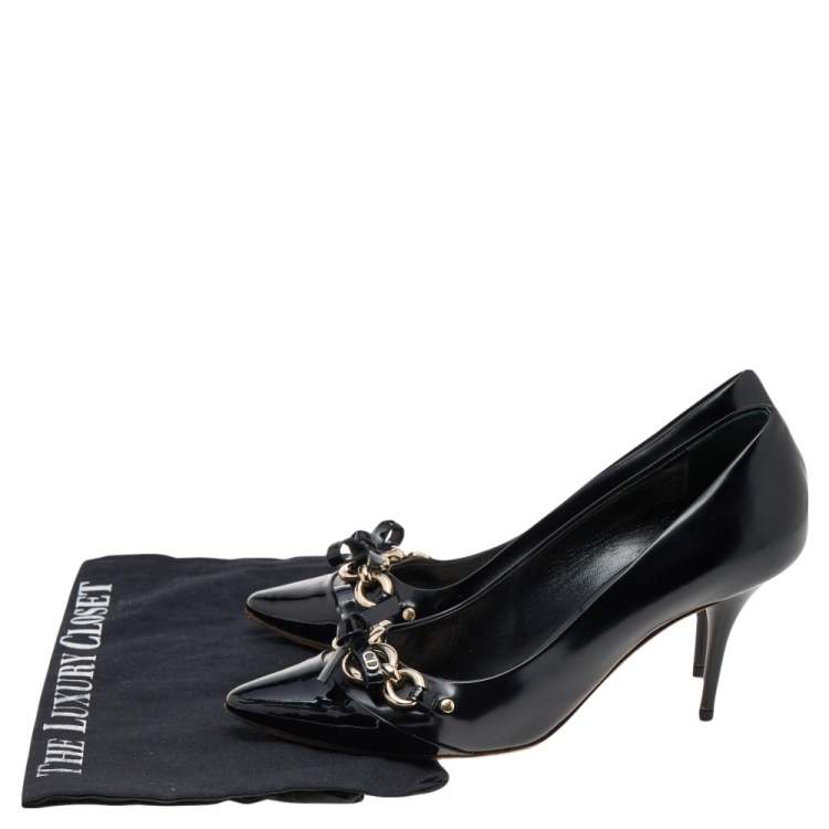Pre Owned Dior Black Patent Leather Bow Chain Detail Pumps Size 39