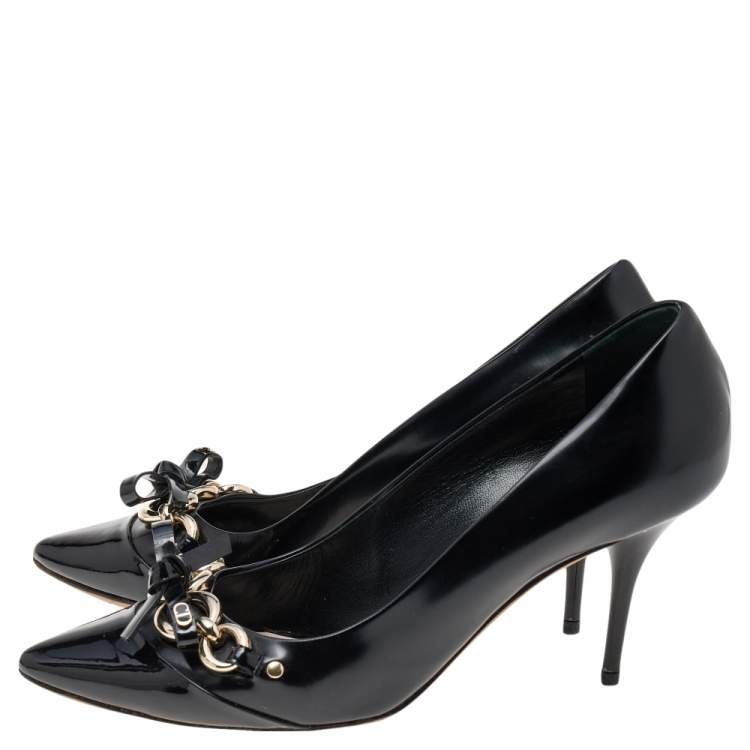 Pre Owned Dior Black Patent Leather Bow Chain Detail Pumps Size 39