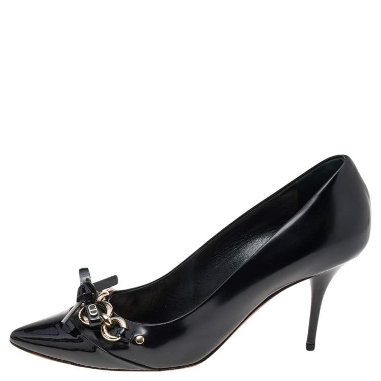 Pre Owned Dior Black Patent Leather Bow Chain Detail Pumps Size 39