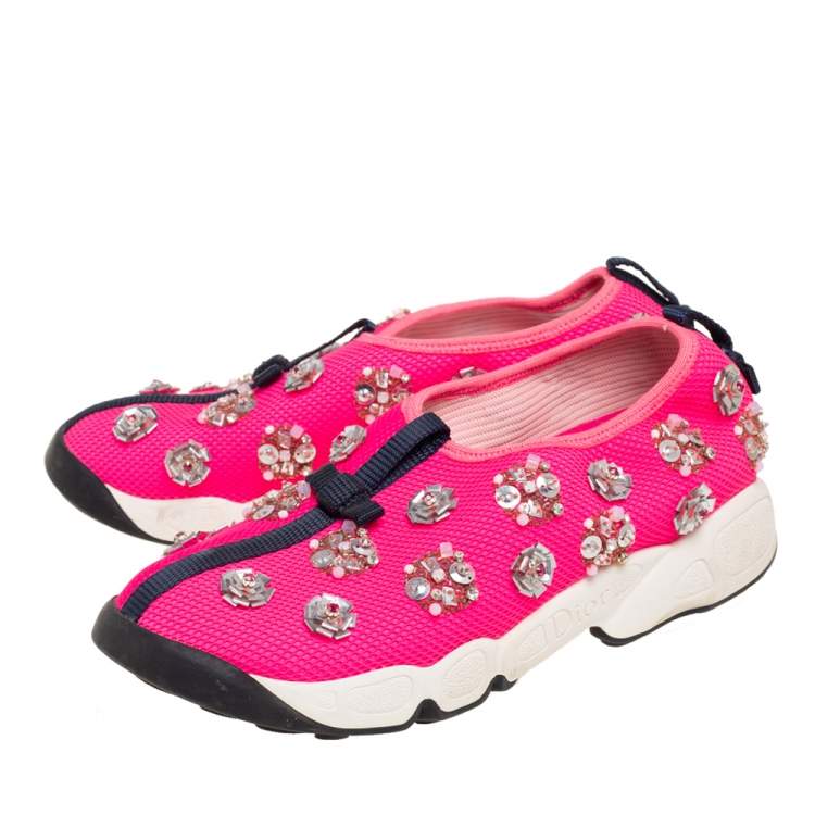Pre Owned Dior Pink Mesh Fusion Embellished Slip On Sneakers Size 36.5