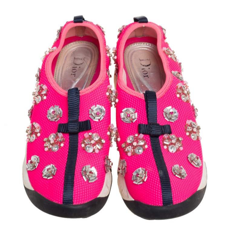Pre Owned Dior Pink Mesh Fusion Embellished Slip On Sneakers Size 36.5