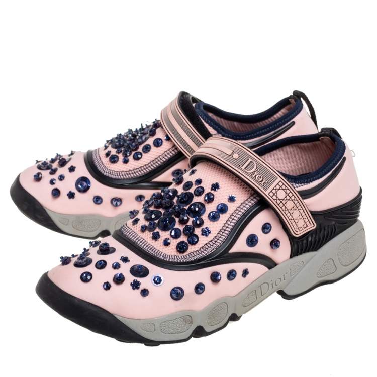 Pre Owned Dior Pink Sequin Embellished Fabric And Mesh Fusion Sneakers Size 38