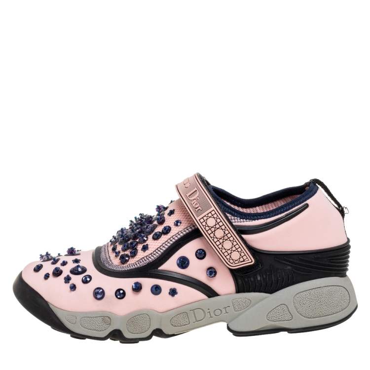 Pre Owned Dior Pink Sequin Embellished Fabric And Mesh Fusion Sneakers Size 38
