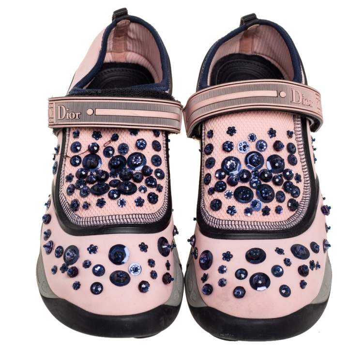 Pre Owned Dior Pink Sequin Embellished Fabric And Mesh Fusion Sneakers Size 38