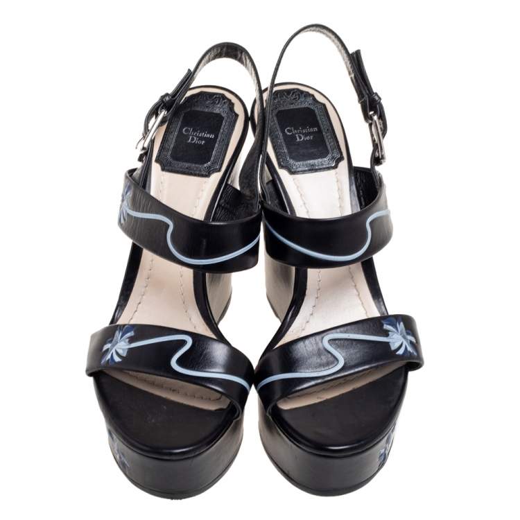 Pre Owned Dior Black Leather Wedge Sandals Size 37