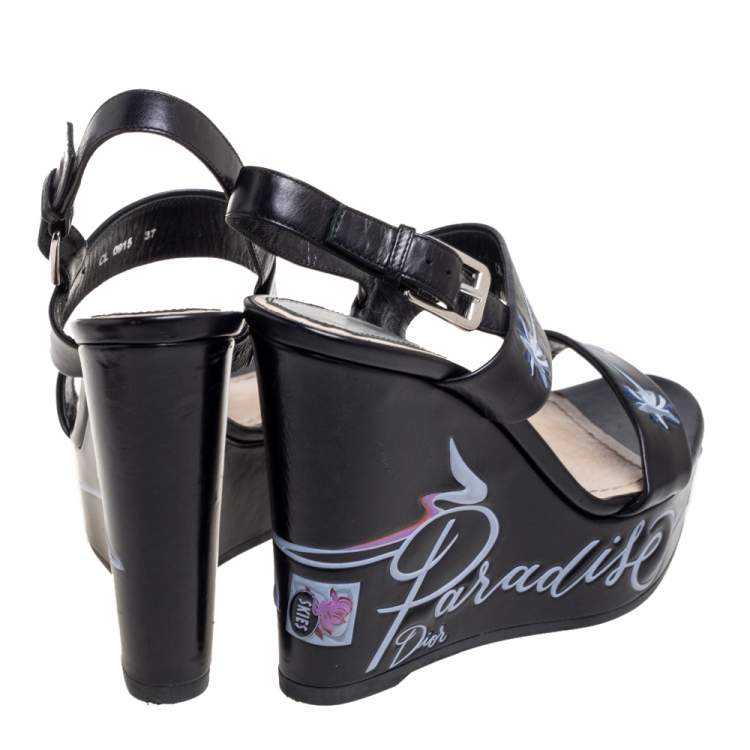 Pre Owned Dior Black Leather Wedge Sandals Size 37