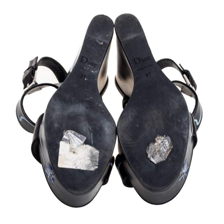 Pre Owned Dior Black Leather Wedge Sandals Size 37