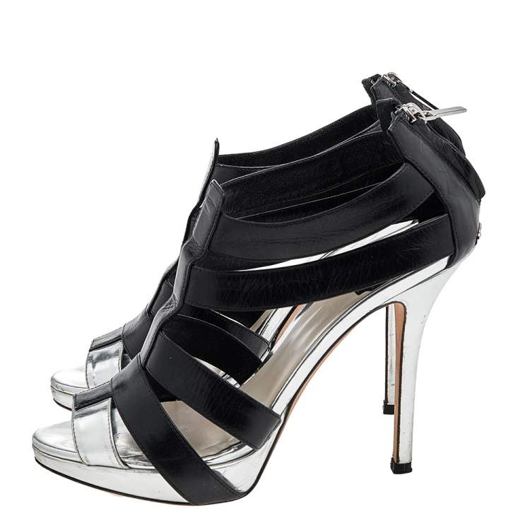 Pre Owned Dior Black/Silver Leather T-Strap Platform Sandals Size 37