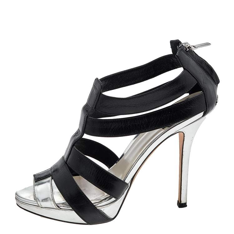 Pre Owned Dior Black/Silver Leather T-Strap Platform Sandals Size 37