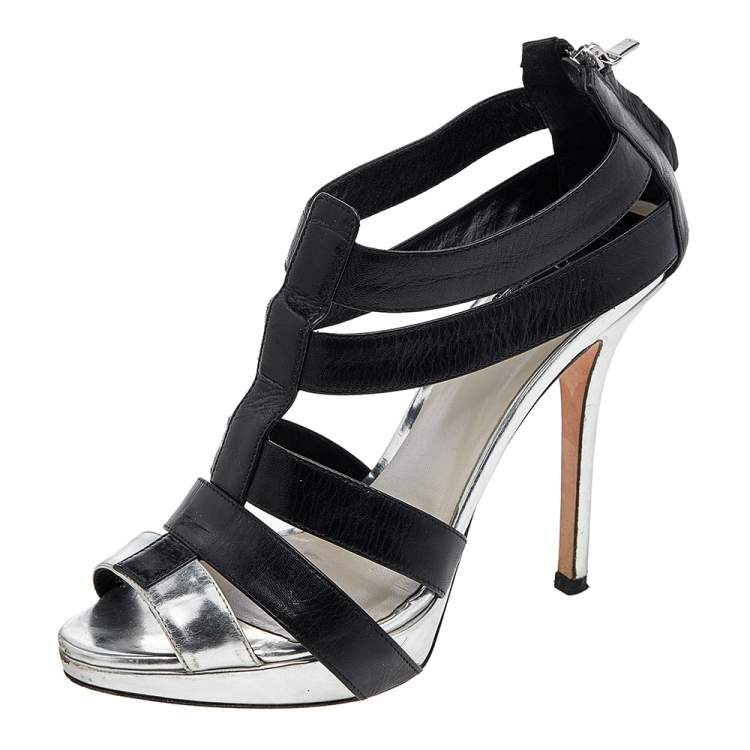 Pre Owned Dior Black/Silver Leather T-Strap Platform Sandals Size 37