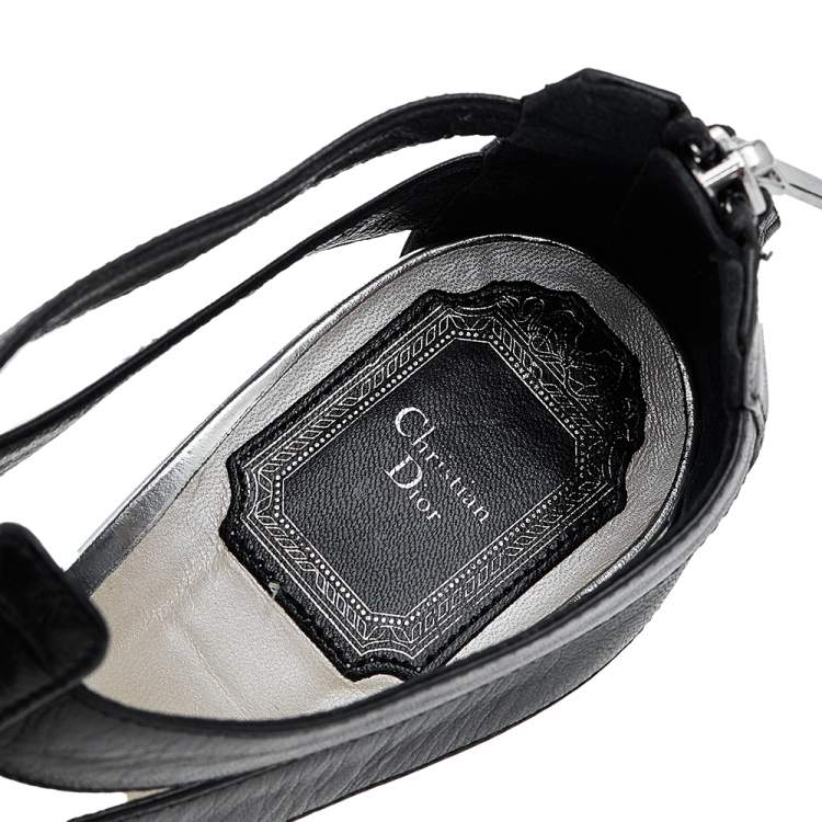 Pre Owned Dior Black/Silver Leather T-Strap Platform Sandals Size 37