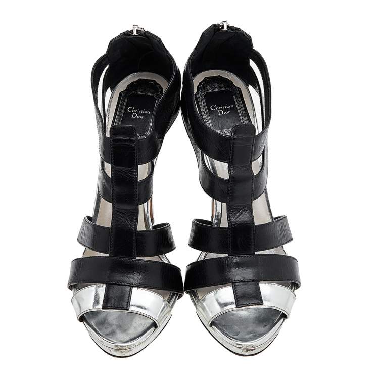 Pre Owned Dior Black/Silver Leather T-Strap Platform Sandals Size 37