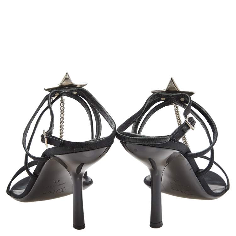 Pre Owned Dior Black Satin Star Crystal Embellished Ankle Strap Sandals Size 41