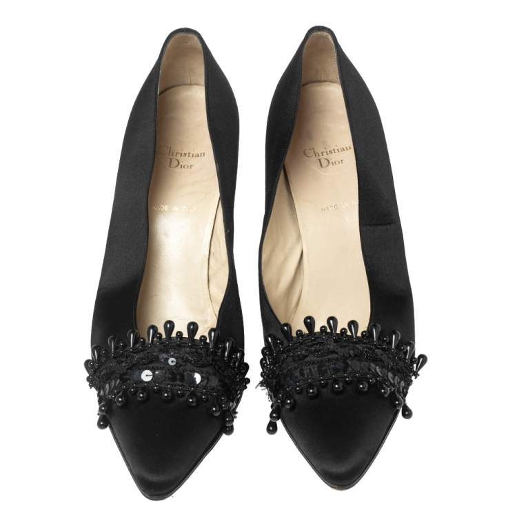 Pre Owned Dior Black Satin Embellished Pointed Toe Pumps Size 40