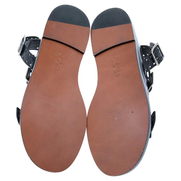 Pre Owned Dior Black Perforated Leather Teddy D Buckles Flat Sandals Size 39