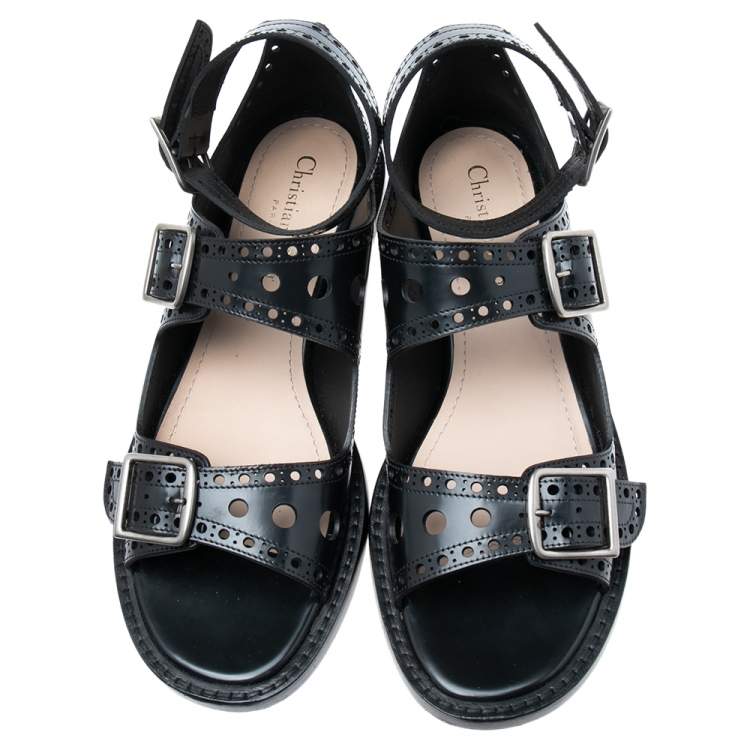 Pre Owned Dior Black Perforated Leather Teddy D Buckles Flat Sandals Size 39