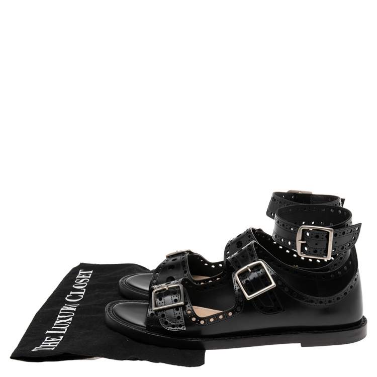 Pre Owned Dior Black Perforated Leather Teddy D Buckles Flat Sandals Size 39