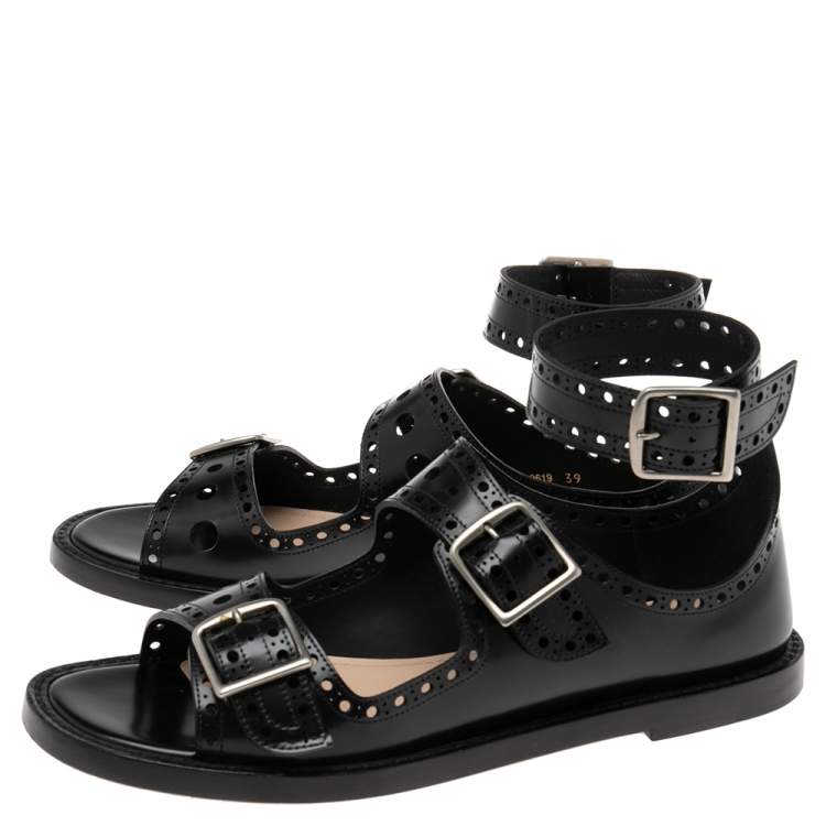 Pre Owned Dior Black Perforated Leather Teddy D Buckles Flat Sandals Size 39