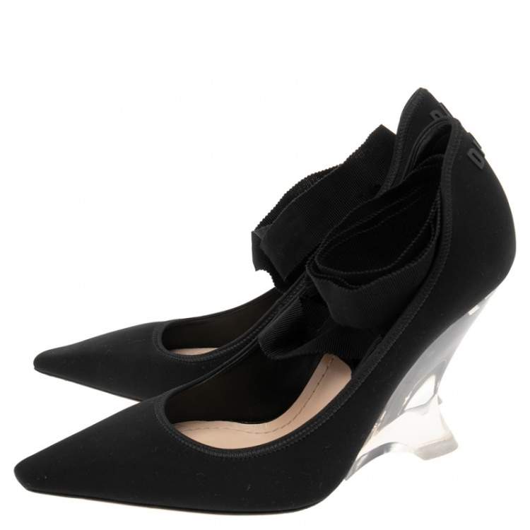 Pre Owned Dior Black Fabric Transparent Wedge Ankle Tie-Up Pumps Size 39