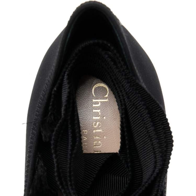 Pre Owned Dior Black Fabric Transparent Wedge Ankle Tie-Up Pumps Size 39