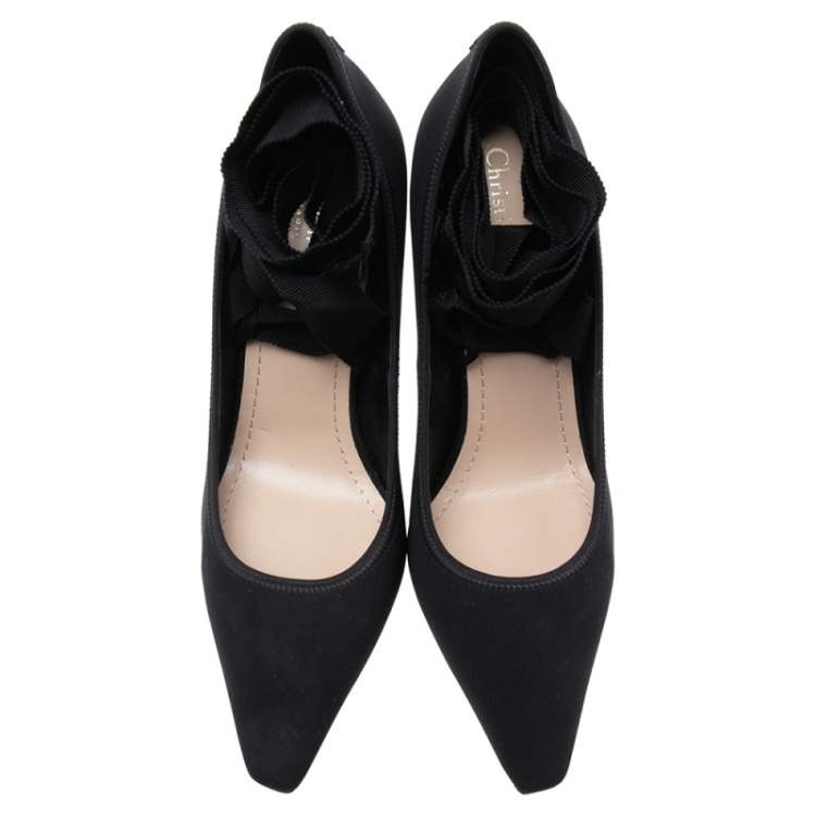Pre Owned Dior Black Fabric Transparent Wedge Ankle Tie-Up Pumps Size 39