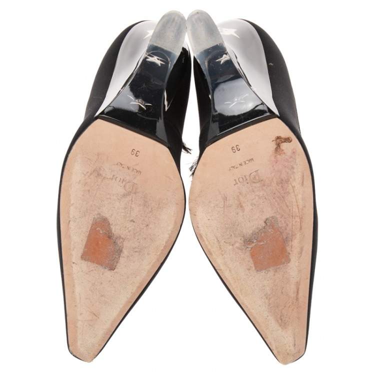 Pre Owned Dior Black Fabric Transparent Wedge Ankle Tie-Up Pumps Size 39