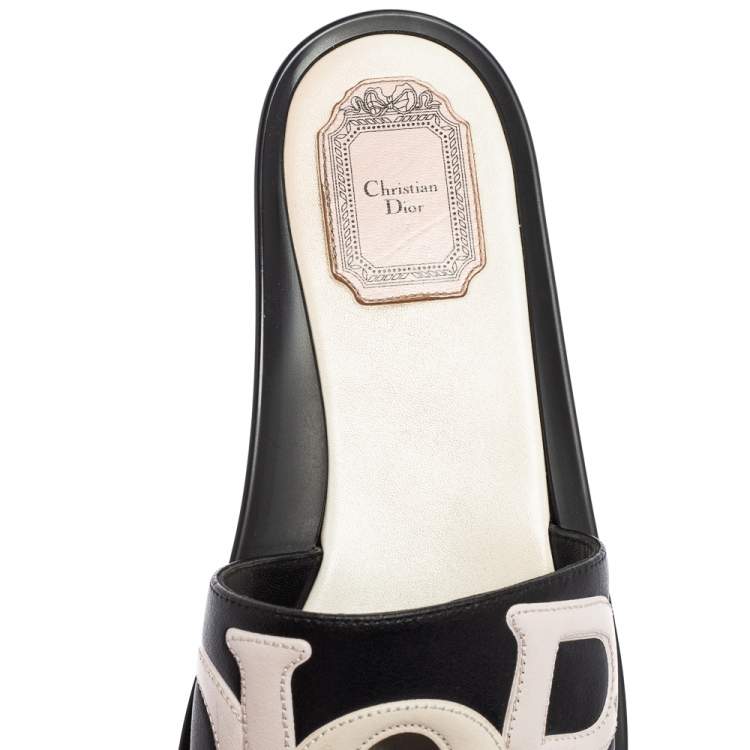 Pre Owned Dior Black/Light Pink Leather Marina Flat Slides Size 39