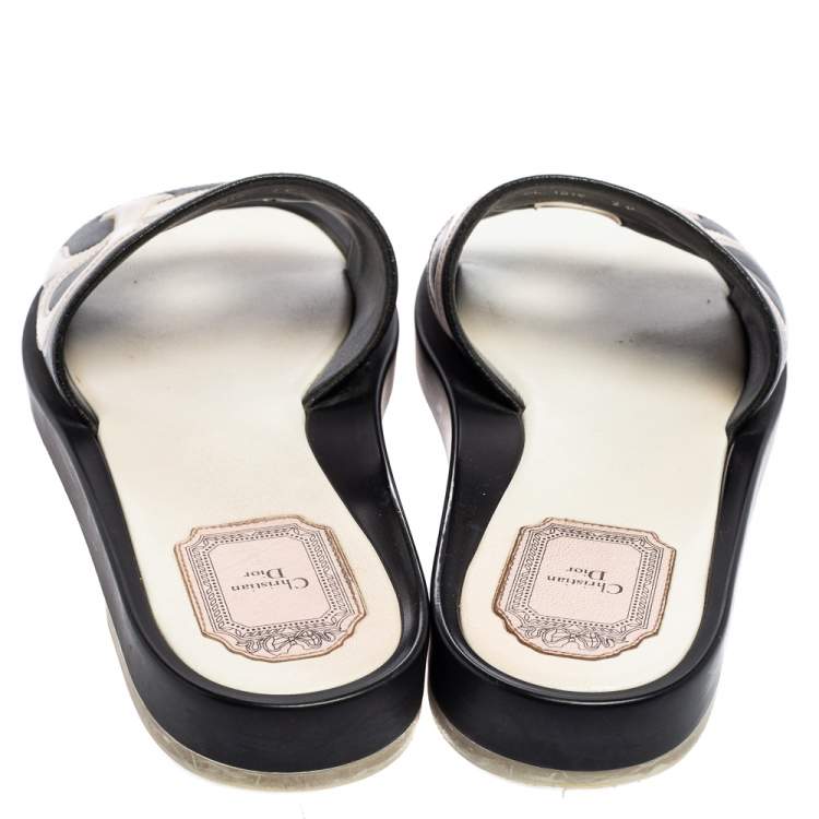 Pre Owned Dior Black/Light Pink Leather Marina Flat Slides Size 39