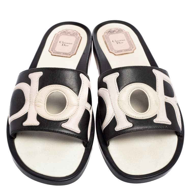 Pre Owned Dior Black/Light Pink Leather Marina Flat Slides Size 39