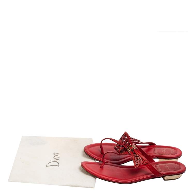 Pre Owned Dior Coral Red Leather Cannage Bow Thong Flats Size 37