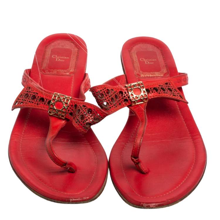 Pre Owned Dior Coral Red Leather Cannage Bow Thong Flats Size 37