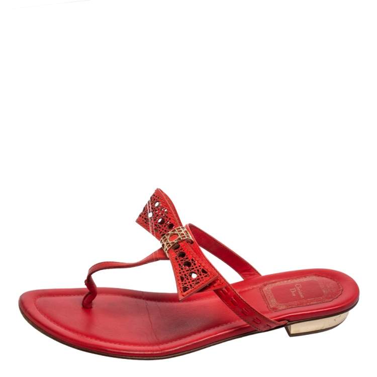 Pre Owned Dior Coral Red Leather Cannage Bow Thong Flats Size 37