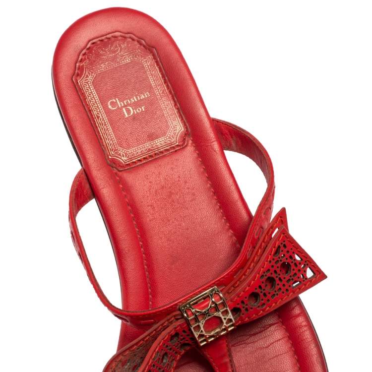 Pre Owned Dior Coral Red Leather Cannage Bow Thong Flats Size 37