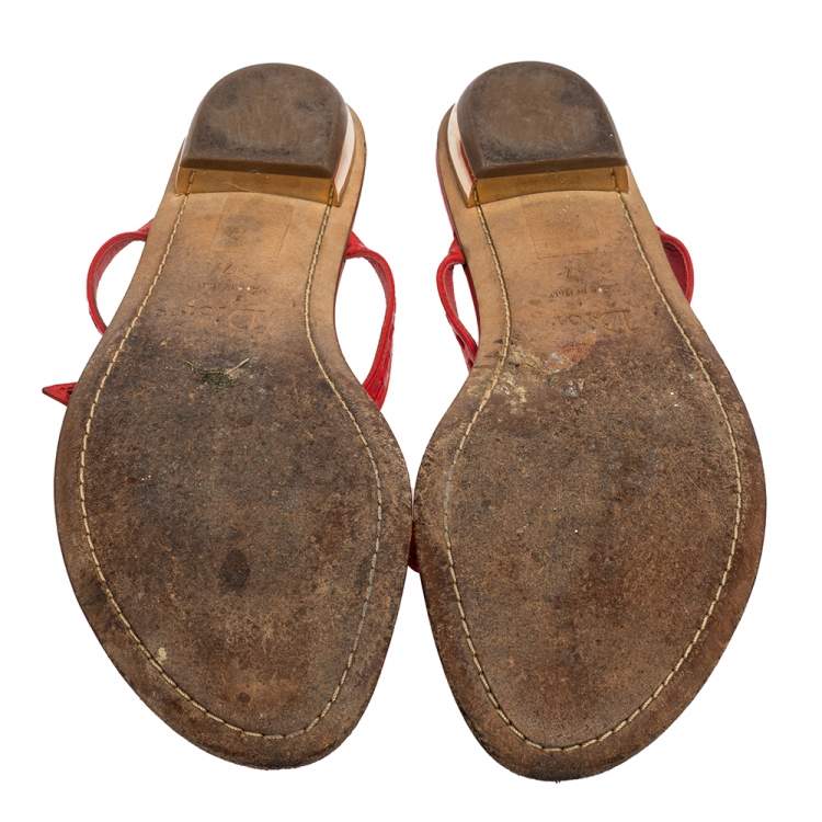 Pre Owned Dior Coral Red Leather Cannage Bow Thong Flats Size 37