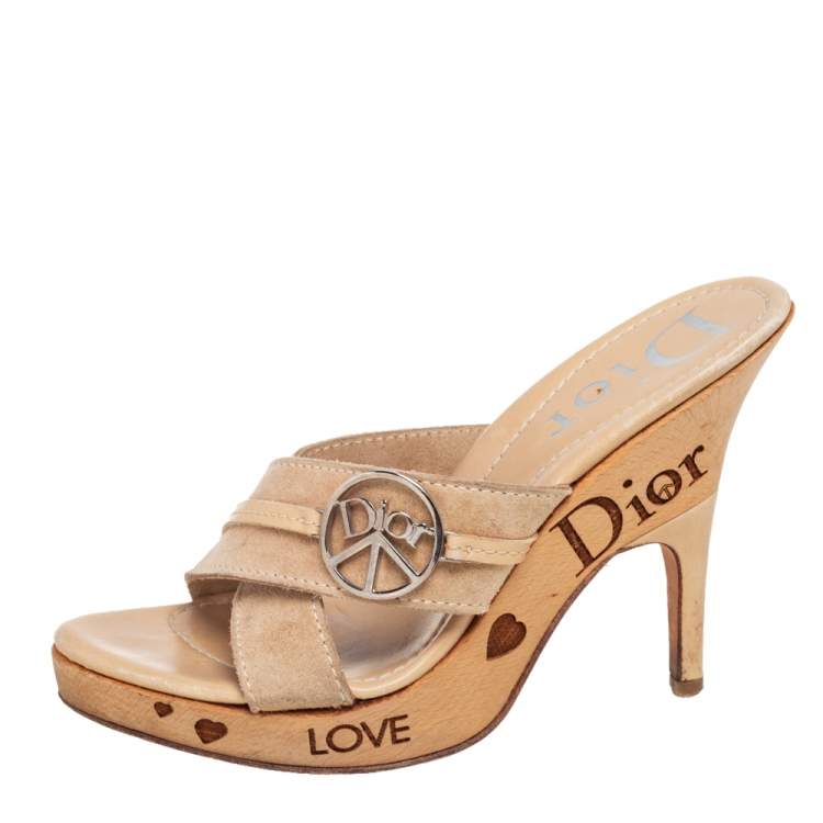 Pre Owned Dior Beige Suede  Wooden Clog Slide Sandals Size 38