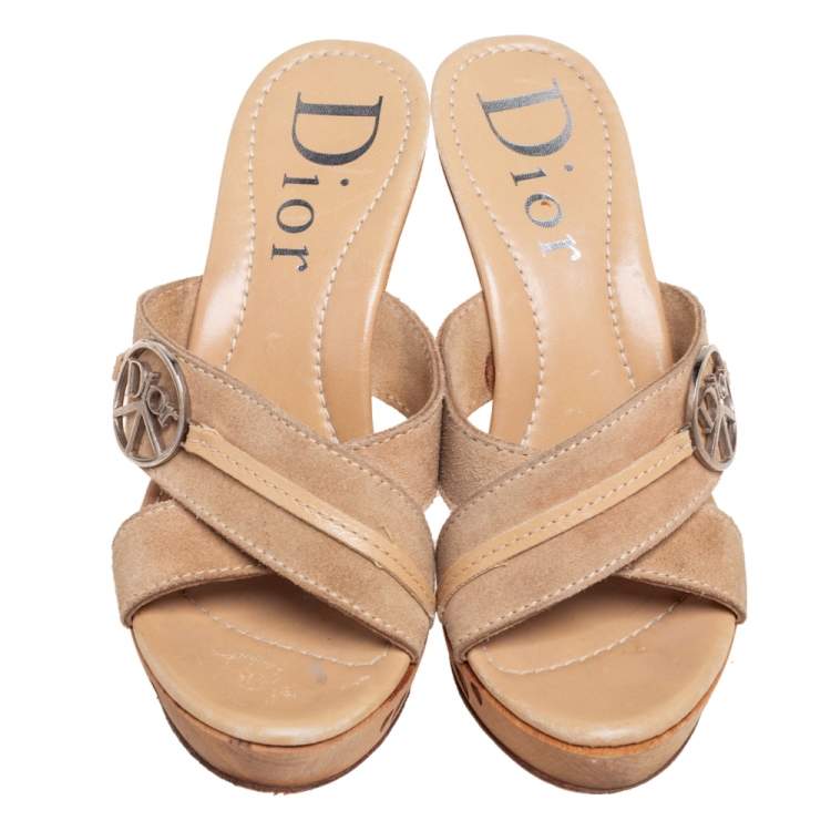 Pre Owned Dior Beige Suede  Wooden Clog Slide Sandals Size 38