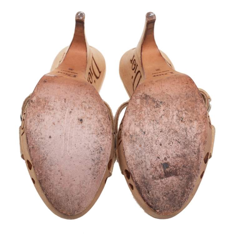 Pre Owned Dior Beige Suede  Wooden Clog Slide Sandals Size 38