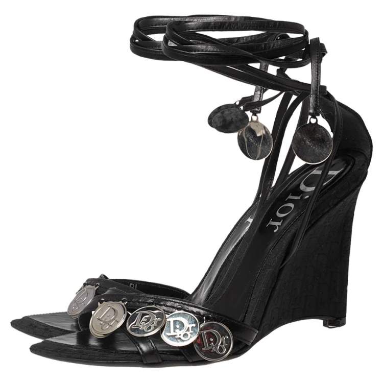 Pre Owned Dior Black Leather Coins Embellished Wedge Ankle-Tie Sandals Size 37