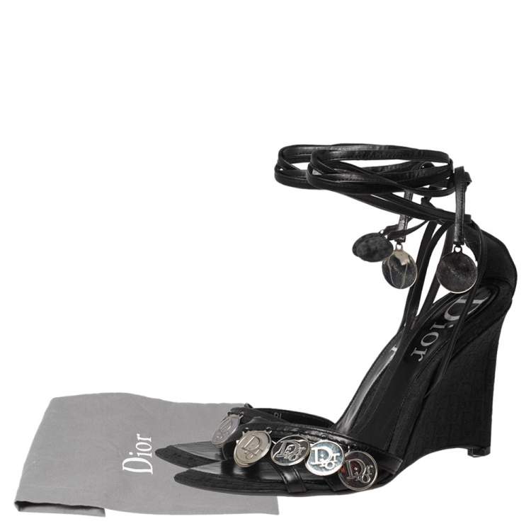 Pre Owned Dior Black Leather Coins Embellished Wedge Ankle-Tie Sandals Size 37