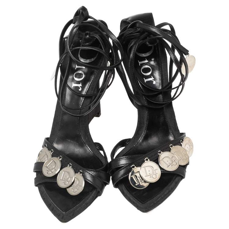 Pre Owned Dior Black Leather Coins Embellished Wedge Ankle-Tie Sandals Size 37